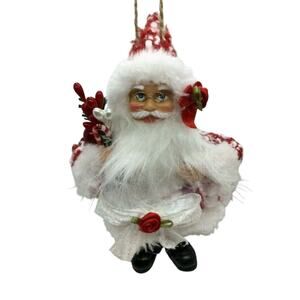 Santa Claus Christmas Ornament Red & White Plaid Hand Decorated